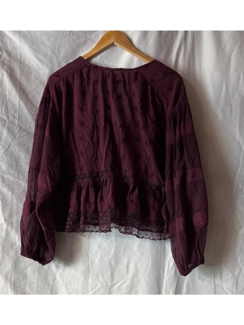Free People Sheer Embroidered Boho Peplum Blouse With Lace Hem & V-Neck